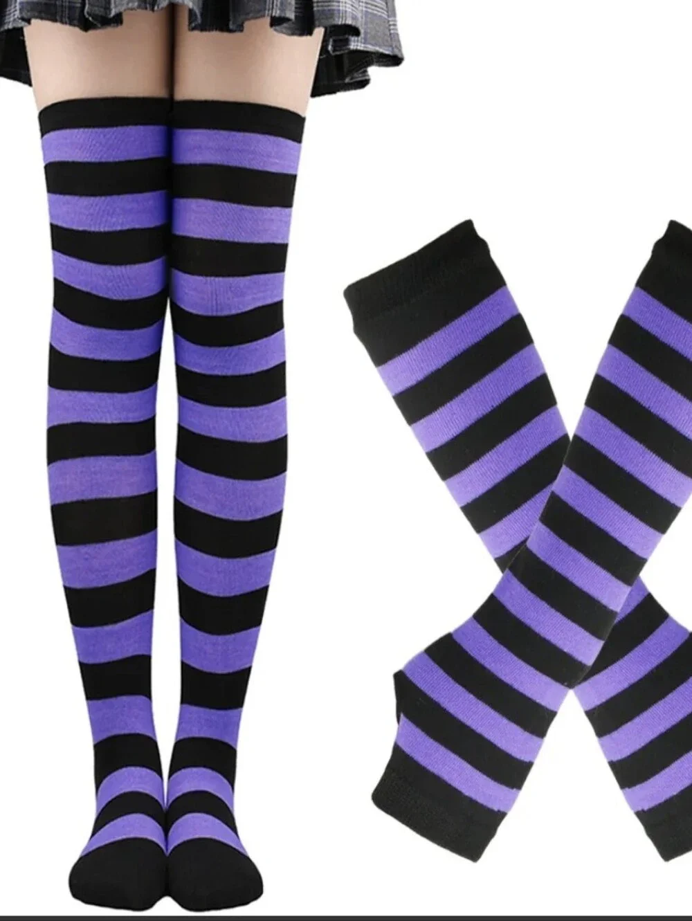 Lavender Purple & Black Wide Striped Thigh-High Socks & Arm Warmers